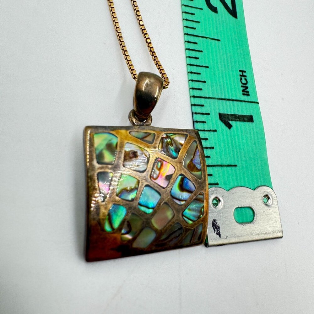 Vtg Abalone Shell Mosaic Square Pendant Sterling Silver Gold Tone Necklace Sea - Picture 16 of 16